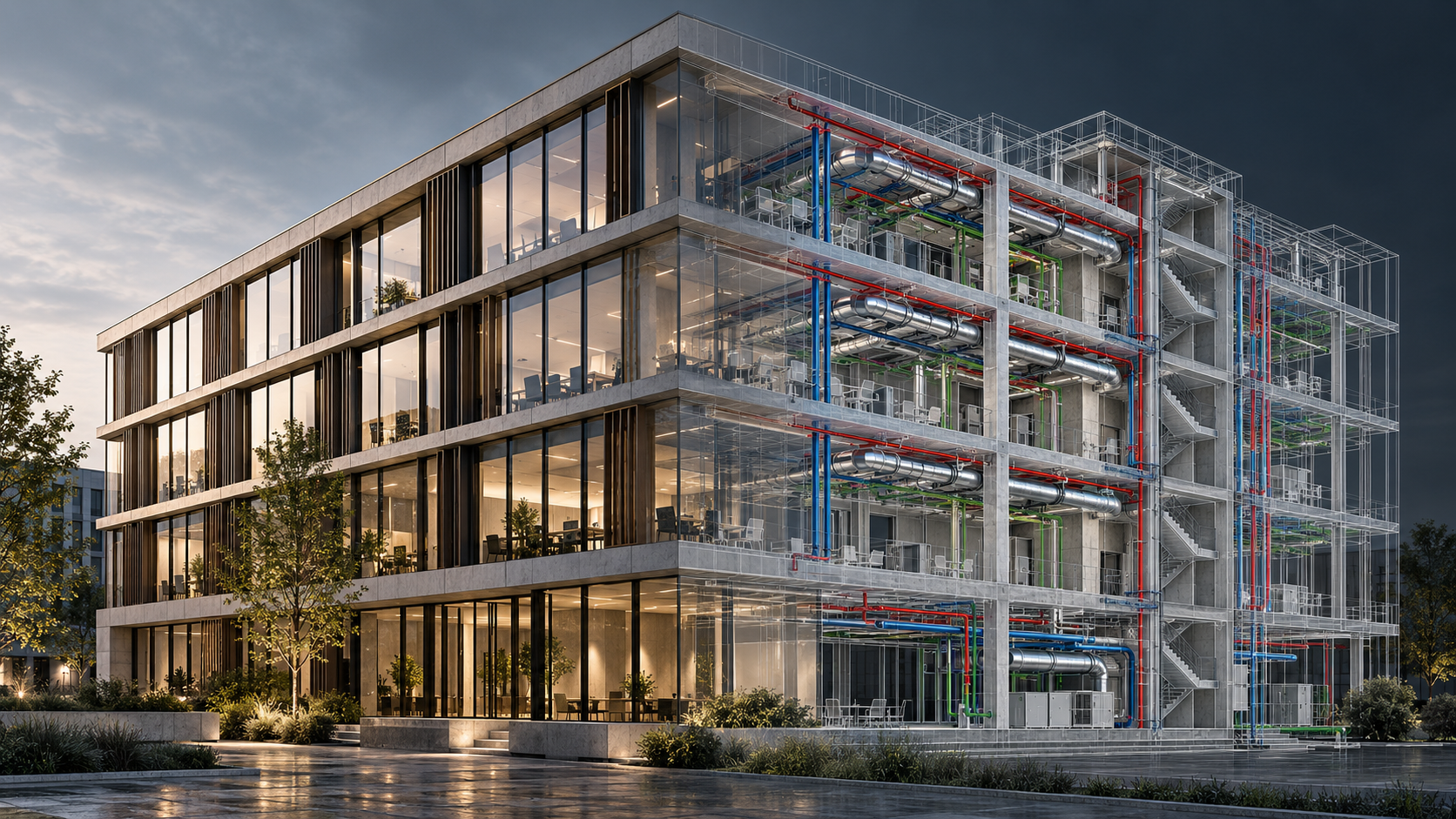 Budynek przechodzący od architektury do cyfrowej reprezentacji BIM