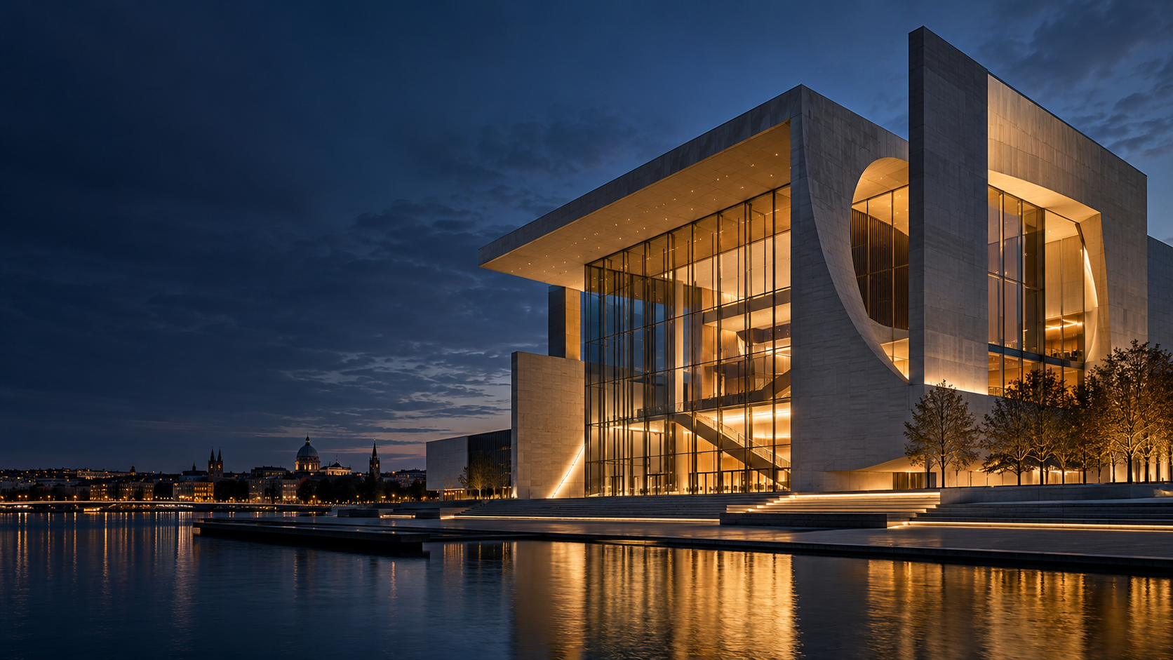Monumentalna architektura nad wodą o zmierzchu